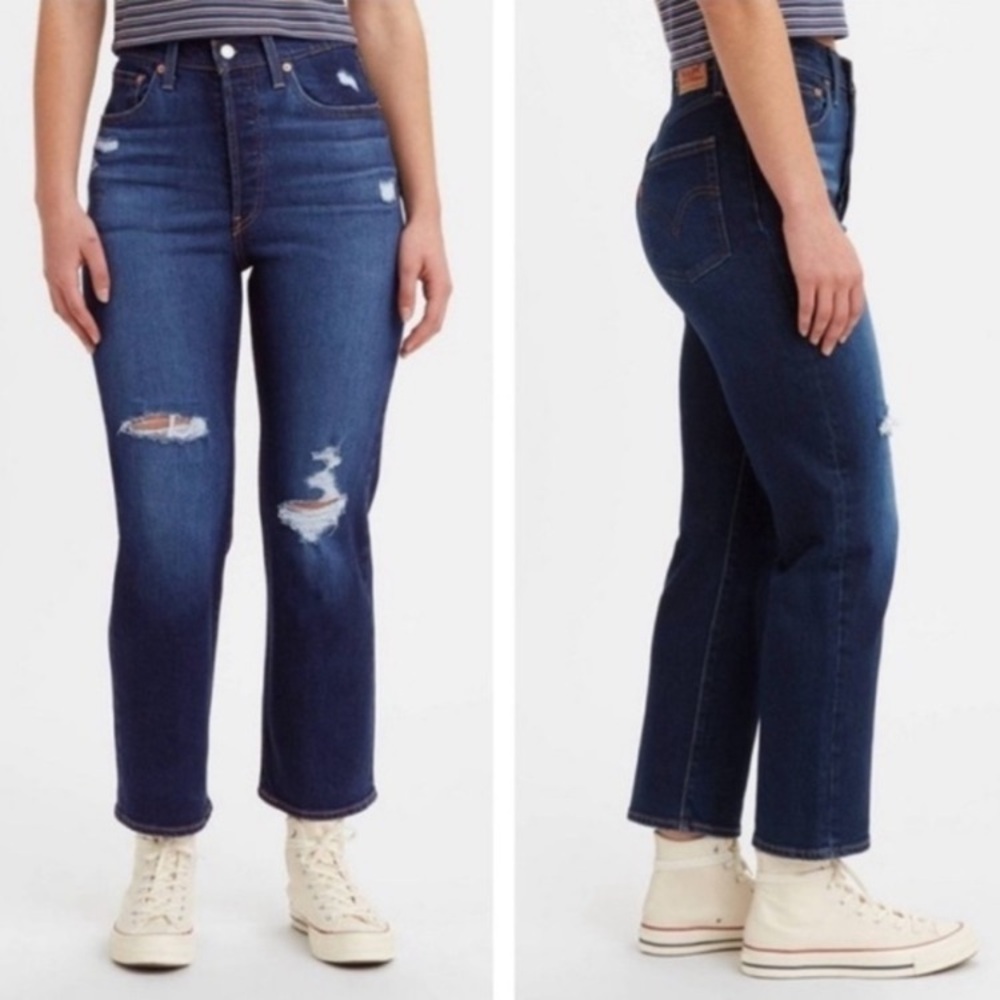 NWT Levi’s Ribcage Straight Ankle Dark Wash Distressed Jeans Button Fly sz 27x27